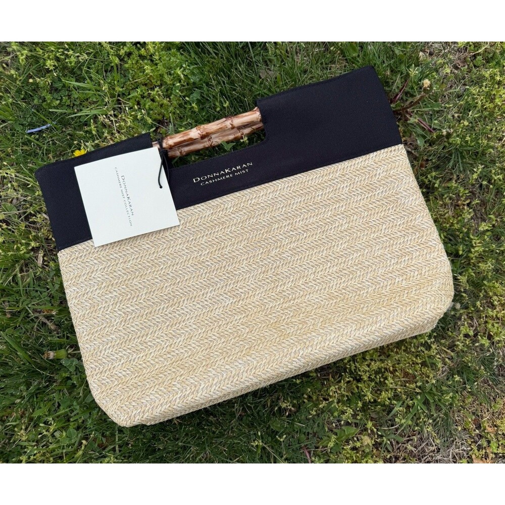 Donna Karan Cashmere Mist woven Straw Tote Bag / Hand bag Purse/ Bamboo Handle